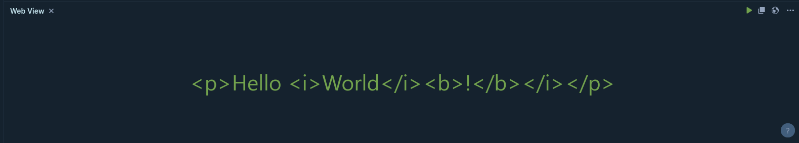 An image with the output showing &ldquo;Hello world&rdquo; in a paragraph element, but with other HTML elements showing as raw HTML